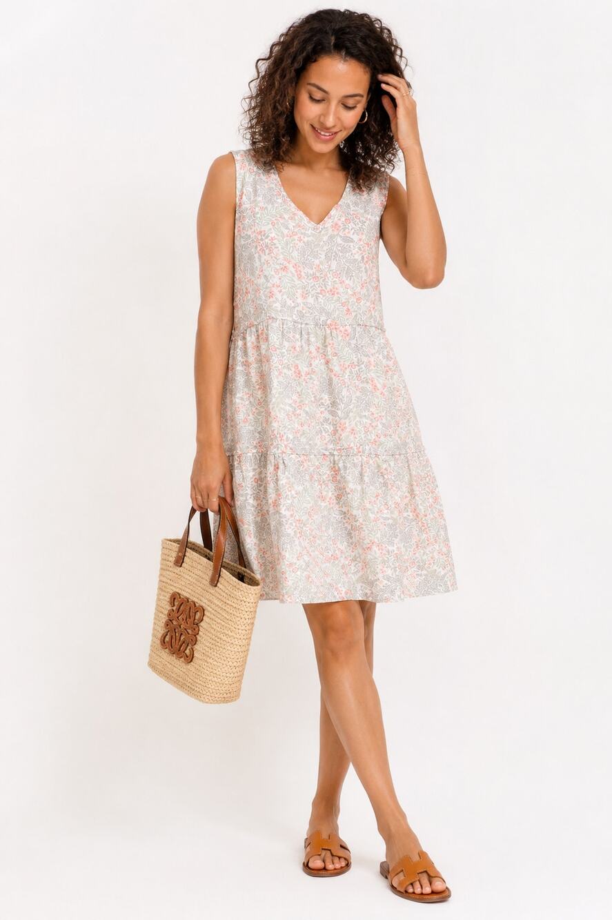 Joie Linen Floral Tiered Dress Large Cream Pink V Neck Sleeveless Cottagecore